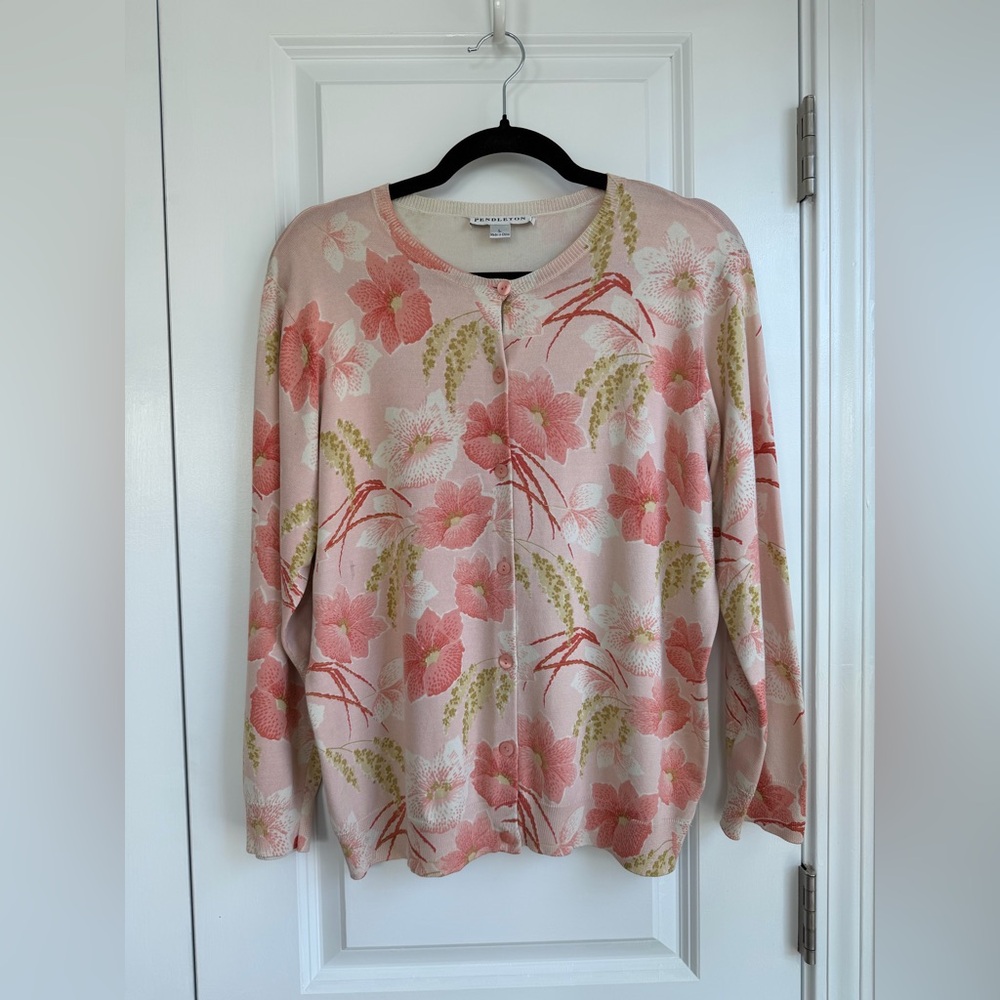 Pendleton Women’s Pink Green Floral Silk Blend Cardigan Size Large